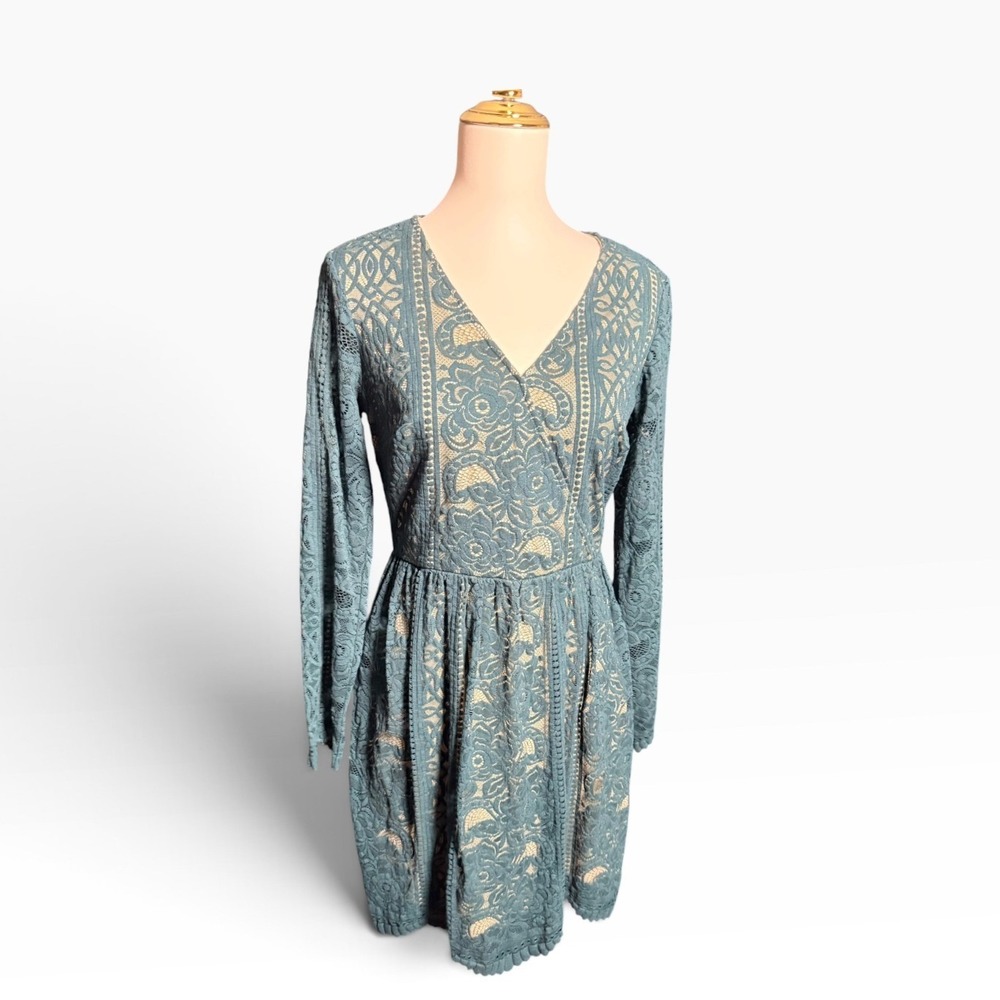 Xhilaration Green Lace Fit & Flare Cocktail Dress Long Sleeve Med coquettecore